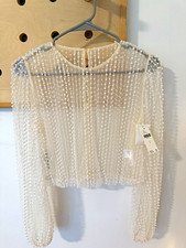 Catherine Deane Ivory Sheer Beaded Tulle Crew Neck Blouse Women’s 4 picture