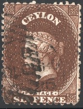 CEYLON 1863-67 QV 6P CHOCLATE BRWN  SC#A1/53d/WMK CROWN SMALL CC, BARD OVAL CNCL picture