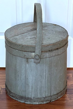 ANTIQUE WOODEN FIRKIN PANTRY BOX BUCKET WITH LID:PREOWNED BLUE-GREY picture