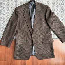 Vtg Hickey Freeman 100% Pure Wool Tweed Blazer Mens 44L Houndstooth Brown picture