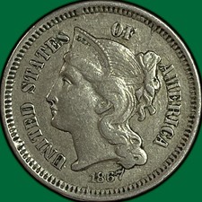 1867 Three Cent Nickel Almost Uncirculated AU Coin #49902 picture