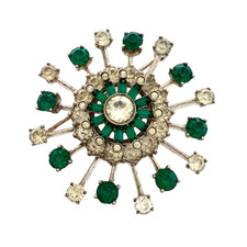 Vintage 1940s Signed STERLING Green Rhinestone Atomic Brooch, Unsigned DuJay Pin picture
