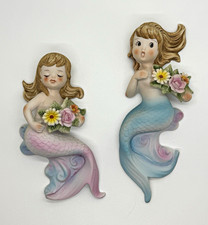 Vintage Retro Lefton Ceramic Mermaid Wall Plaques Hangings with Flowers, Pair picture