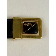 Vintage ELLE Black Croc Embossed Leather Belt Gold Geometric Buckle 80s picture