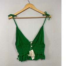 Boho Cottagecore Sim & Sam Womens Medium Kelly Green Smocked Linen Crop Top picture