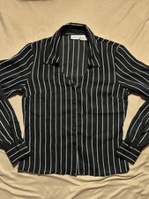 Vintage Newport News Easy Style Sheer Pinstripe Blouse Womens 4 Black Silver Y2K picture