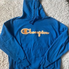 Champion Reverse Weave Hoodie Size Large Blue Felt Applique Spell Out picture