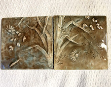 Pair Antique Trent Ceramic/Majolica Embossed Floral Tiles picture