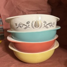 Vintage Pyrex 024 2 Qt Casserole Bowl Lot 4 Golden Tulip Turquoise Pink Yellow picture
