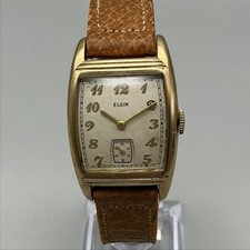 Vintage Elgin Tank Mens Watch 25mm Silver Gold Tone Brown Leather Manual Wind picture