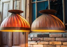Pair (2)  Scandinavian Hans-Agne Jakobsson Pine Bentwood Pendant Lights 1960s picture