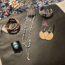 Paparazzi Silver/Turquoise Mixed Lot Necklace Bracelet Earrings Ring Set, 5 Pcs picture