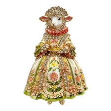 Vintage Green Sheep Lady Brooch Rhinestone Enamel Floral Animal Pin Gold Jewelry picture
