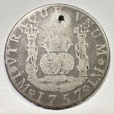 1757 Lima Peru Pillar 4 Reales Silver Rare Date and Type Holed Ferdinand VI picture