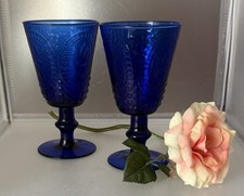 2 Rare Pier 1 Cobalt FLEUR DE LIS Hobnail Wine Glass Pressed MCM picture