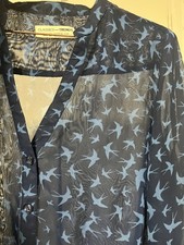 90s Vintage Women's Blue Birds Swallows Print Blouse/Shirt picture