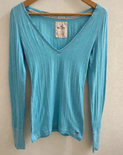 Y2K Hollister Blue Ribbed V-Neck Long Sleeve Stretch Logo Top Size L picture