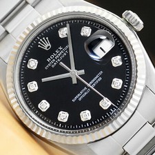 MENS ROLEX DATEJUST BLACK DIAMOND DIAL 18K WHITE GOLD FLUTED BEZEL STEEL WATCH picture