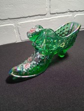Fenton Iridescent Green Glass Painted Cat Head Shoe Hobnail Hand Painted Signed picture