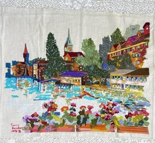 Vtg BIG Finished Bucilla Crewel “Zurich Town” Bold Colorful Flowers Euro Charm picture