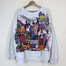 Vintage 90s Looney Tunes Freeze Cartoon AOP Hip Hop White Crewneck Sweatshirt XL picture