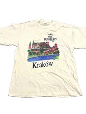 1996 VTG Men’s L White Cotton Knit Crew Neck Krakow City Graphic Print Tee picture