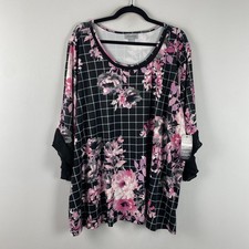 Catherines Dream Drape Flutter Sleeve Top Size 2X Black Pink Floral Stretch picture