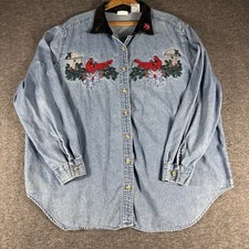 VTG Bobbie Brooks Christmas Cardinal Denim Shirt Size 18/20 Velvet Collar picture