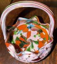 Vintage Hand Blown Spatter Art Glass Basket Ruffled Confetti Murano Boho Style picture