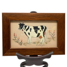 Signed Nancy Stillwagon Folk Art Hand Painted & Stitched Cow Textile Framed Art picture