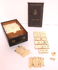 ATQ MAH JONGG SET BONE BAMBOO RARE HAND Carved mahjong THICK TILES Wood Case* picture