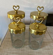 Vintage Emily & Meritt Glass Beauty Jars with Brass Scalloped Lids Heart Finials picture