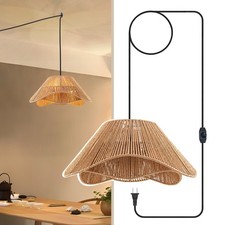 FTL Woven Plug in Pendant Light 20'' Rattan Boho Hanging Lamp Dimmable 3-Lights picture
