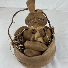 Primitive Folk Art Bunny Rabbit Doll in Fabric Basket Brown Grungy 14