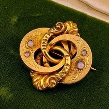 Victorian Antique Gold Tone Love Knot Pendant Brooch Gyspy Opalescent Cabochons  picture