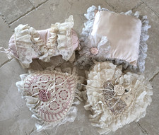 VTG VICTORIAN PILLOWS LACE AND RIBBONS AND BOWS HEARTS 4 IN GROUP BIN03 picture