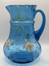 Rare Antique 1890s Victorian Blue Glass Pitcher Hand Painted Floral Ruffled Rim picture