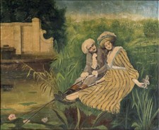 Antique Painting - Romantic Couple at the Lake - Art Deco - Style Signed picture