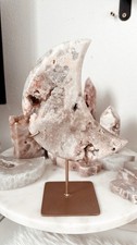 Carved Crystal Crescent Moon Decor Piece on Metal Display Stand picture