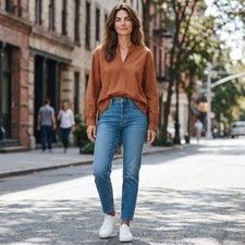 Everlane Womens Split Neck Poplin Blouse Terracotta Brown Cotton Top Size 2 picture
