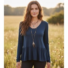 NEW Loft Women's Blue Gray Peplum V Neck Knit Top Casual Coastal Cottage Chic S picture