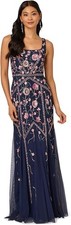 Adrianna Papell Beaded Ball Gown 16 Navy Pink Floral Godet Mesh NWT $369 picture