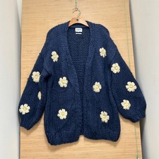 FRNCH Paris Navy Blue Daisy Floral Hand Knit Chunky Cardigan Sweater S/M picture