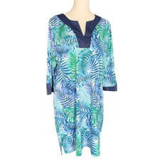 Caribbean Joe Womens Large Tropical Palm Leaf Split Neck Coverup Blue Green picture