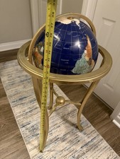 37” Tall Lapis Blue Pearlized Swirl Gemstone World Globe Brass Tripod Stand picture