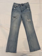 Express ’90s Boot High Rise Jeans Size 4R Distressed Light Wash Button Fly picture