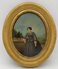 19th Antique Portrait of a Lady Woman in an Landscape Oil Painting C1856 picture