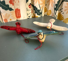 Lot of 3 Wooden Bird Figurines Ornaments, Painted Carved, vintage hand painted  picture
