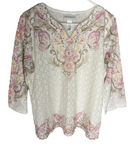ALFRED DUNNER Top Size Large Floral White Lace Pink Romantic 3/4 Sleeve NEW picture