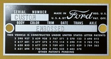 1950-1960’s Ford Car Truck Door Tag Data Plate **EMBOSSED w/ Your Numbers picture
